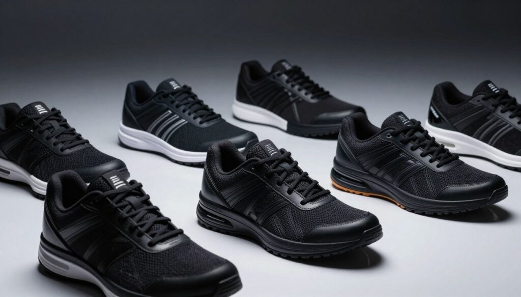 A stylish display of men's athletic black shoes arranged on a clean, reflective surface. The focus is on various designs, showcasing sleek lines, textured materials, and cushioning features typical of sports footwear. The foreground captures the shoes up close, highlighting intricate stitching and branding details. The middle showcases a well-lit environment with a subtle gradient background that transitions from deep black to soft gray, emphasizing the shoes. A soft spotlight illuminates the shoes, casting gentle shadows that enhance their three-dimensionality. The mood is dynamic and energetic, perfect for illustrating quality athletic gear. Avoid any human figures and ensure no text, watermarks, or logos are present.