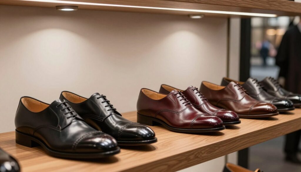 A stylish display of men's footwear from the renowned 5th Avenue brand, prominently featuring a range of elegant shoes including oxfords, loafers, and brogues. The foreground shows a polished wooden shoe rack showcasing various models with rich leather textures, ornate stitching, and unique color palettes like classic black, deep burgundy, and earthy browns. In the middle ground, a sophisticated setting includes a minimalistic, modern boutique environment with soft spotlighting that highlights the shoes while casting gentle shadows. The background features blurred silhouettes of city life, suggesting a vibrant urban atmosphere typical of 5th Avenue. The mood is upscale and aspirational, embodying the brand's commitment to quality and style. The image is shot at eye level with a shallow depth of field to focus on the shoes.