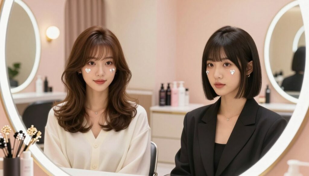 A stylish hair salon interior showcasing two elegant models with heart-shaped and diamond-shaped faces, each demonstrating flattering hairstyles. The heart-shaped model features soft, layered waves, enhancing her cheekbones, while the diamond-shaped model sports a sleek bob with a side part, highlighting her jawline. In the foreground, mirror reflections reveal intricate hair accessories like clips and pins. The middle ground features salon products on a countertop, while bright, warm lighting casts a welcoming glow throughout the space. Background elements include soft pastel wall colors and modern decor, creating a chic atmosphere. The overall mood is uplifting and sophisticated, inviting viewers to explore personalized beauty. Ensure all models are dressed in professional, stylish attire.