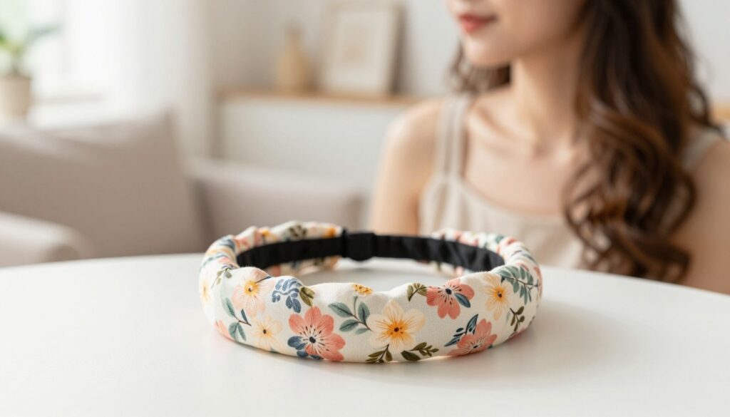A stylish hairband in the foreground, made of soft fabric with floral patterns in pastel colors, elegantly resting on a clean white surface. A model with long, flowing hair styled in soft waves wears the headband, showcasing a casual yet chic look. The middle ground features a softly blurred background of a cozy living space with natural light filtering through a window, illuminating the scene with a warm glow. The mood is relaxed and inviting, perfect for everyday styling. Capture the essence of comfort and elegance with a focus on the hairband's intricate design and the beauty of the model’s hairstyle, emphasizing how accessories enhance daily looks. Use a shallow depth of field to bring attention to the hairband and the model.