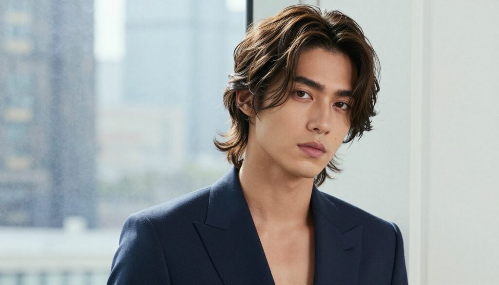 A stylish male model showcasing trendy hairstyles ideal for an elongated face shape. The model has medium-length hair with soft waves and subtle highlights that frame his features. He's wearing a smart-casual outfit featuring a fitted blazer over a plain shirt, exuding confidence and sophistication. The background features a softly blurred urban landscape, suggesting a modern environment. The lighting is bright yet diffused, casting a flattering glow on the model's face, emphasizing the hairstyle and facial structure. The image is captured at a three-quarter angle to highlight the hairstyle and its effect on the overall look. The mood is stylish, professional, and contemporary, making the viewer feel inspired to explore new hairstyle options.