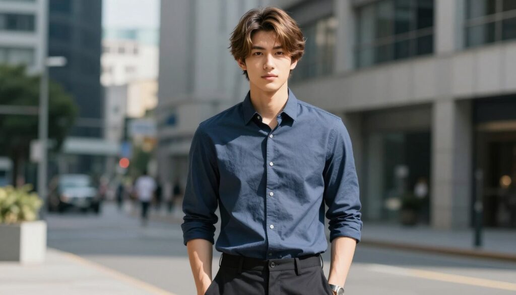 A stylish male model with a fresh, youthful haircut showcasing a shading technique, standing confidently in a modern urban setting. The model has short, layered hair with subtle highlights that create depth and dimension, emphasizing the shadowing effect. He wears smart casual attire, including a fitted shirt and tailored pants, projecting a clean and polished look. Bright, natural sunlight illuminates the scene, casting soft, flattering shadows around him and accentuating the textures of his hair and clothing. In the background, blurred cityscape elements provide an energetic yet harmonious atmosphere, suggesting renewal and vibrancy. The focus is on the model’s hair and expression, capturing the essence of freshness and rejuvenation.