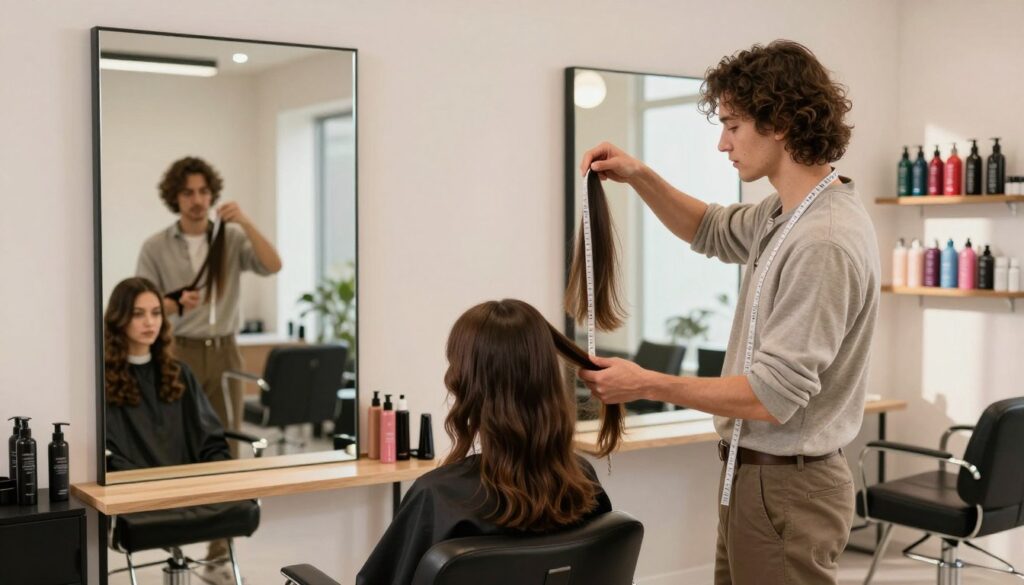 A stylish, modern hair salon interior with a large mirror displaying various lengths of hair. In the foreground, a well-groomed person in casual, professional attire stands in front of the mirror, holding a measuring tape against their hair, presenting an engaging and practical demonstration. The middle ground features salon styling chairs and vibrant hair products on shelves, creating a lively atmosphere. In the background, soft, diffused natural light streams in from a window, casting gentle shadows that enhance the warm, inviting mood of the space. The overall impression is one of creativity and practical fashion advice, perfectly suited for exploring hair lengths and styles.