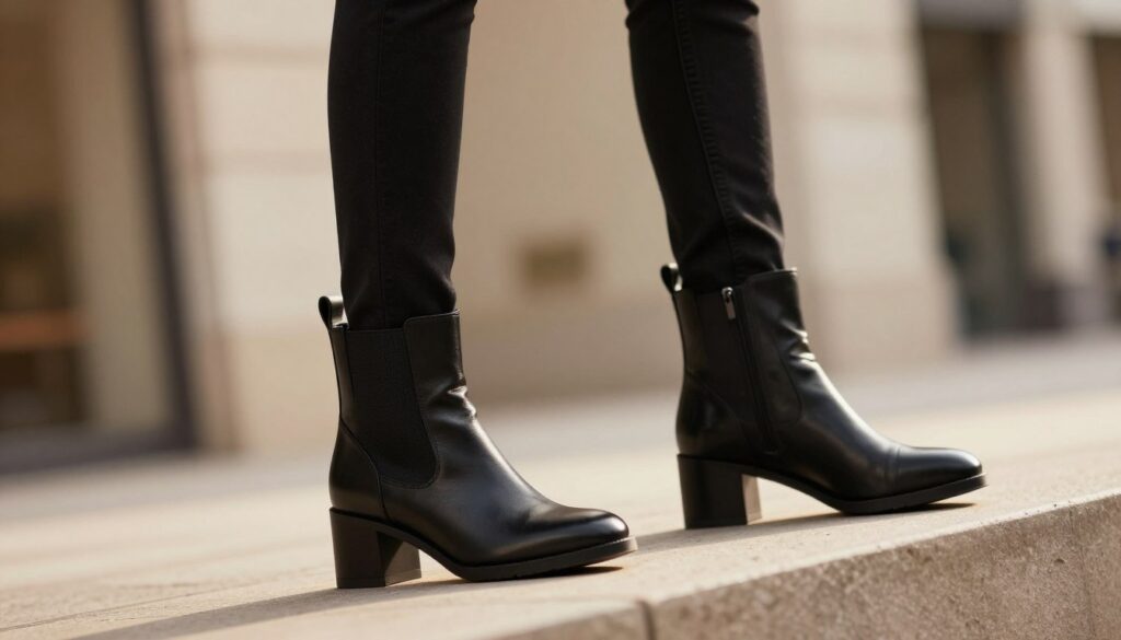 A stylish pair of ankle boots in focus, set against a soft, blurred urban backdrop. The boots should have a sleek design, made of polished black leather with elegant detailing, displayed prominently on a slightly elevated surface. In the foreground, a fashionable model in smart casual attire, wearing fitted trousers that subtly hover above the ankles, complements the boots, demonstrating how to pair them effectively. The lighting is warm and inviting, with soft shadows enhancing the curves of the boots and the model’s silhouette. The angle is slightly from above, illustrating the outfit's flowing lines. The atmosphere feels modern and confident, ideal for showcasing a trendy look that elongates the legs and enhances the overall silhouette.