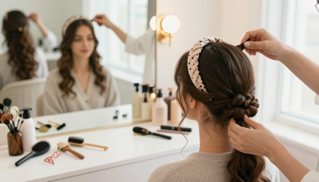 A stylish woman in a cozy, bright indoor setting, demonstrating various hairstyling techniques using a headband. In the foreground, her hair is elegantly styled, showcasing different variations such as a sleek ponytail, loose waves, and an intricate bun adorned with the headband. She wears modest casual attire, enhancing the relatable atmosphere. The middle ground features a vanity mirror and an array of hair accessories like clips and brushes, adding context to the scene. In the background, soft natural light filters through a window, casting a warm glow, creating an inviting and cheerful mood. Capture this dynamic and trendy appearance from a slightly elevated angle, with a focus on the hairstyling process and the creative use of the headband.