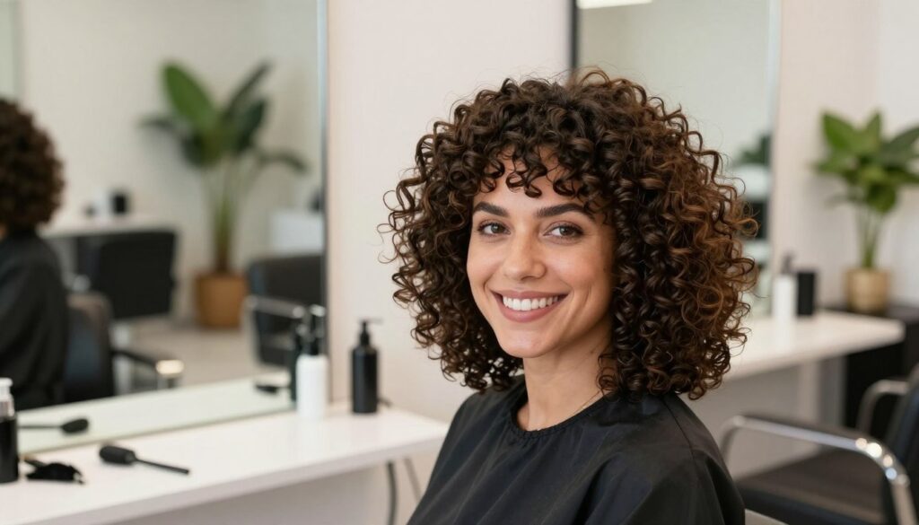 A stylish woman with medium-length curly hair stands confidently in a bright, modern salon, showcasing a trendy haircut that accentuates her natural curls. The foreground captures her radiant smile and well-defined curls, while soft, diffused natural light highlights the texture and volume of her hair. In the middle, a chic salon environment features elegant hairdressing tools and a large mirror reflecting the vibrant atmosphere. The background reveals a lush indoor plant and contemporary decor, creating a warm and inviting mood. The composition emphasizes the beauty and versatility of curly hairstyles, with the camera angle slightly above eye level, focusing on the subject's hair and expression while blurring the surroundings for a professional yet relaxed feel.