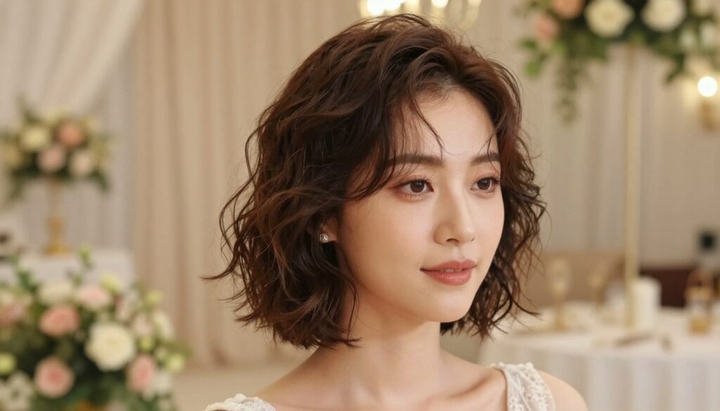 A stylish woman with short hair styled in soft waves and loose curls, elegantly poised in a well-lit indoor setting. The foreground features her face gently illuminated by warm, diffused light, highlighting her natural beauty and the texture of her hair. In the middle of the image, the woman's hair cascades gracefully around her shoulders, with a few delicate strands framing her face. The background shows a tastefully decorated venue with floral arrangements and soft draping, creating a romantic atmosphere. The overall mood is sophisticated yet approachable, capturing the essence of chic short hairstyles perfect for a wedding celebration. The composition should be shot from a slight angle to emphasize her hairstyle while keeping the focus on her radiant expression.