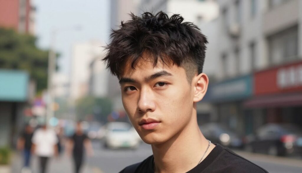 A stylish young man with a French crop hairstyle stands confidently, showcasing shorter sides and a textured top. His hair is dark and thick, creating an impression of volume and fullness. The foreground features his expressive face, highlighting youthful energy and freshness. In the middle ground, the vibrant city backdrop shows blurred urban elements, suggesting a bustling atmosphere. Natural sunlight softly illuminates his features, emphasizing the freshness of the haircut. The angle is slightly low, giving the man a commanding presence while enhancing the hairstyle’s details. The overall mood is modern and invigorating, capturing the essence of a contemporary, youthful look without distractions or text overlays.