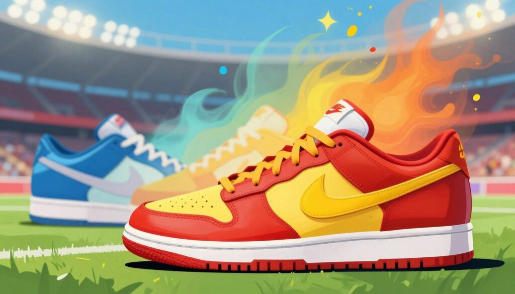 A vibrant and dynamic illustration showcasing an array of sports shoe colors, particularly focusing on Nike models. In the foreground, a detailed rendering of a classic Nike sneaker in bold hues like electric blue, fiery red, and sunny yellow. The middle layer brings in soft gradients and complementary colors that flow into the design, illustrating the concept of color blending and how it enhances the shoe's appeal. In the background, an abstract representation of a sports arena, with blurred lights and energetic patterns, creates a sense of movement and excitement. The lighting is bright and natural, highlighting the gloss of the shoe material. The overall mood is energetic and inspiring, emphasizing creativity in sports design. The angle should focus on the shoe, capturing its details while suggesting its sporty nature.