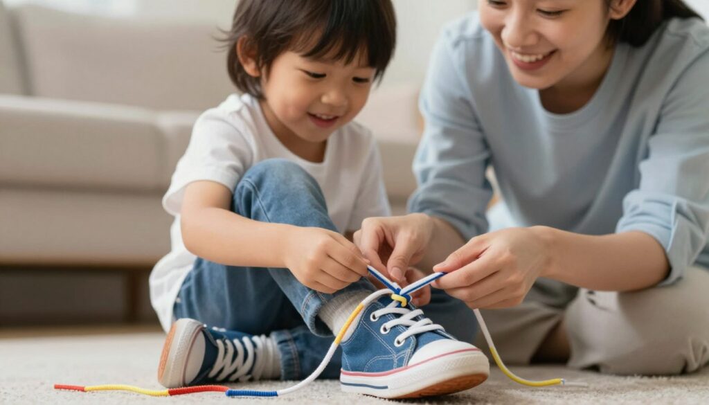A vibrant and educational scene of a young child sitting on the floor, enthusiastically learning how to tie shoelaces, with a patient adult demonstrating the process beside them. In the foreground, close-up of colorful shoelaces and hands showing the steps of the knot. In the middle layer, the child's face reflects focus and joy, while the adult, dressed in modest casual clothing, guides them with a smile. The background features a cozy indoor environment with soft lighting, emphasizing warmth and kindness. The overall atmosphere is nurturing and playful, capturing the essence of patience and encouragement in teaching this important skill. This image should reflect a hands-on, engaging approach to learning.