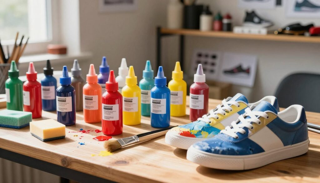 A vibrant and inviting workspace featuring an array of shoe paints in various colors, neatly arranged on a wooden table. In the foreground, a pair of classic sneakers covered in painter's tape, ready for a transformation, with paintbrushes and sponges nearby. The middle ground shows an assortment of branded paint bottles in bright hues like red, blue, and yellow, some open with paint spilling slightly, suggesting creativity in action. The background is softly blurred, hinting at shelves stocked with custom shoe-making accessories like stencils, small tools, and project examples. Natural light streams in from a nearby window, casting warm shadows and creating an inspiring atmosphere for artistic shoe customization. The overall feel is dynamic and energetic, inviting creativity with a focus on revitalizing footwear.