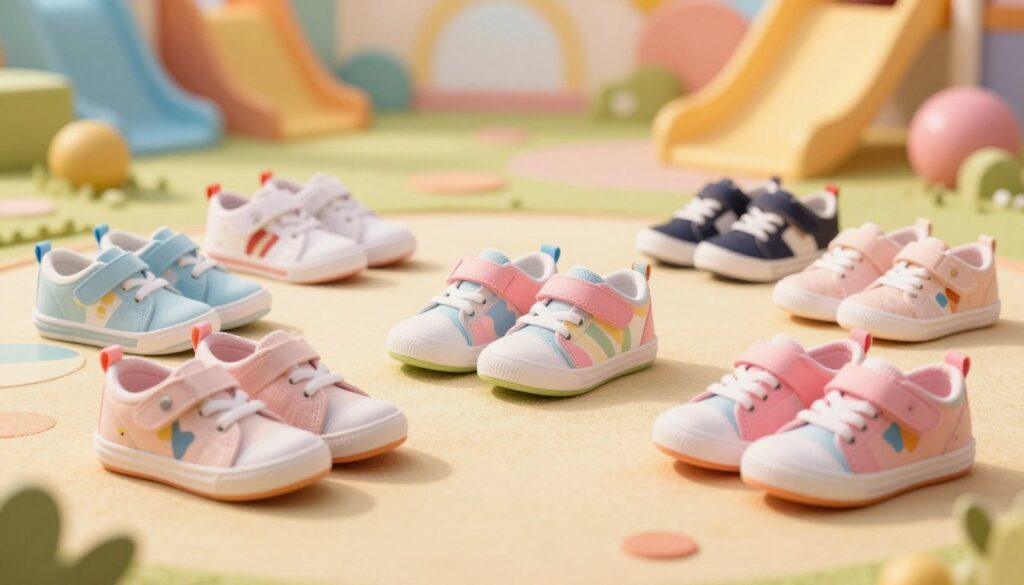A vibrant display of various Twisty shoes for children, arranged aesthetically on a soft, colorful background. In the foreground, multiple pairs of shoes are prominently featured, each showcasing unique designs and bright colors, including playful patterns and trendy styles. The middle of the image captures a few additional pairs placed on a subtle, child-friendly surface like grass or a playful mat, adding a sense of context. The background features an engaging, dreamy playground setting, softly blurred to emphasize the shoes. The lighting is warm and inviting, creating a cheerful atmosphere, mimicking a sunny day. The composition should feel playful and dynamic, ideal for attracting children's attention while highlighting the shoe details effectively.