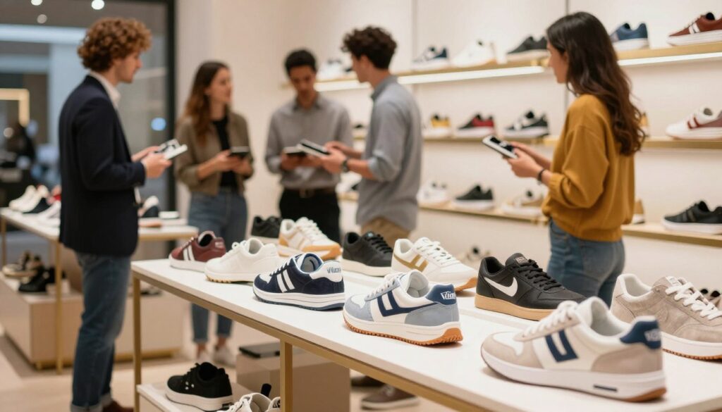 A vibrant, modern shoe store interior showcasing a variety of original Vices shoes. In the foreground, a well-organized display featuring several eye-catching pairs of stylish sneakers, with clear branding and unique designs. The middle ground includes a few shoppers, dressed in professional casual attire, examining the shoes and discussing options with a friendly sales associate. In the background, sleek shelving filled with more shoe options, lit with warm, inviting lights, creates an atmosphere of excitement and discovery. Soft bokeh effects add depth, with a focus on the shoes in the foreground. The overall mood is energetic yet welcoming, emphasizing a positive shopping experience.