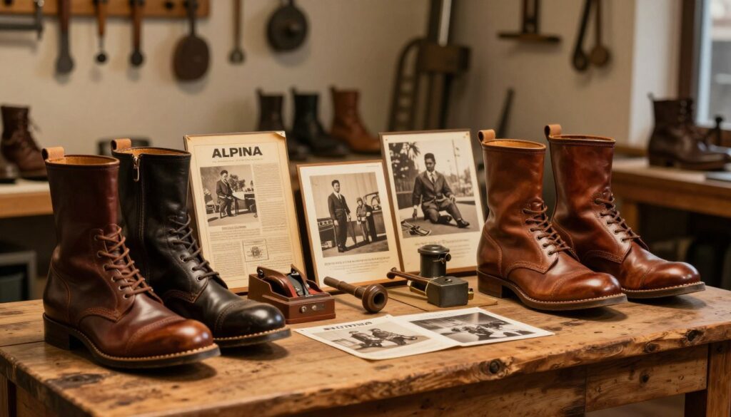 A vintage-inspired display showcasing the history of the Alpina brand, featuring a collection of classic Alpina boots arranged artfully on an aged wooden table. In the foreground, the boots are made from high-quality leather, exhibiting intricate craftsmanship and unique design details. The middle of the scene includes historical photographs and artifacts related to the brand's evolution, such as old advertisements and vintage shoe-making tools. In the background, a softly lit workshop environment creates an authentic atmosphere, with tools hanging on the walls and warm, golden lighting casting gentle shadows. The overall mood is nostalgic and professional, conveying a sense of heritage and quality in footwear design.
