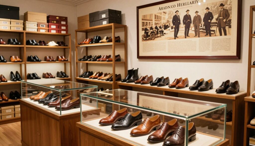 A vintage-inspired store interior showcasing the history of Ara brand shoes. In the foreground, elegant display cases feature various models of Ara shoes, emphasizing their craftsmanship and comfort. The middle ground reveals a warm, inviting atmosphere with wooden shelves filled with shoe boxes and stylish footwear organized neatly. Soft, diffused lighting highlights the textures of the materials used in the shoes. In the background, a large, framed historical poster about the Ara brand’s evolution hangs on the wall, capturing the essence of the company’s commitment to quality. The overall mood is nostalgic yet modern, reflecting a brand that values its heritage while appealing to contemporary consumers. The scene is shot from a slightly angled perspective to give depth and interest.