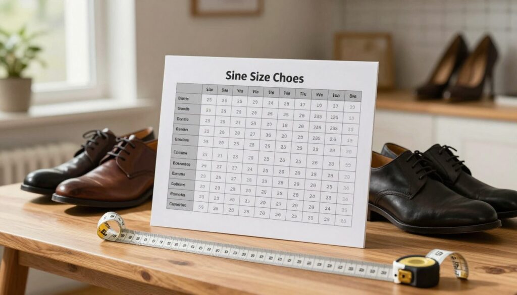 A visually appealing image of a well-organized shoe size chart displayed on a wooden table, with various pairs of stylish shoes beside it. The chart features clear categories for different brands, showing size conversions in an easy-to-read format. In the foreground, a measuring tape lays across the table, symbolizing the importance of accurate fitting. The background softly blurs out a cozy, well-lit room, suggesting a welcoming atmosphere. A warm, natural light floods in from a nearby window, creating soft shadows and enhancing the textures of the shoes and table. The overall mood is informative yet inviting, tailored for readers seeking comfort in shoe selection.