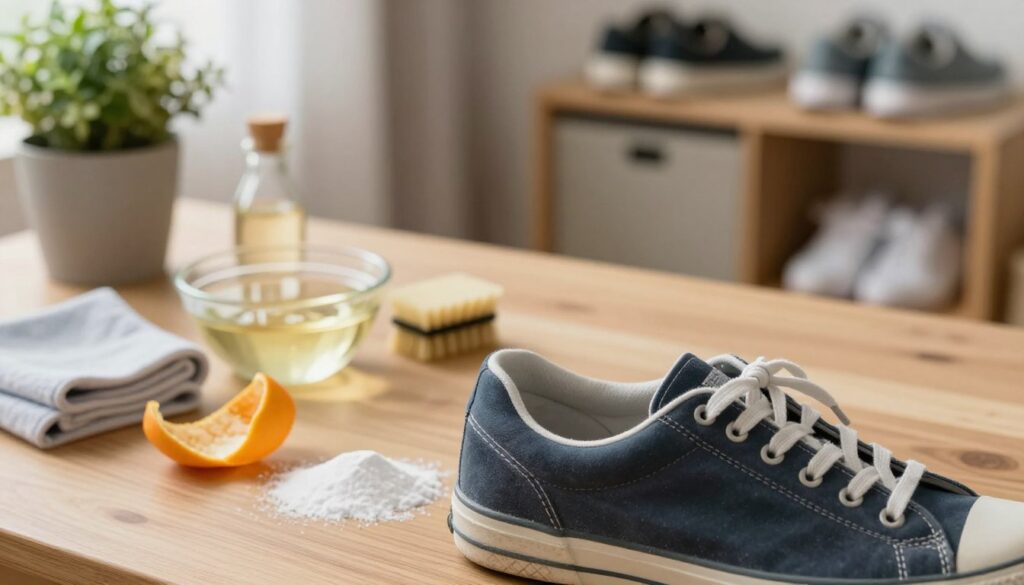 A visually engaging and detailed interior of a shoe being cleaned. In the foreground, show a well-worn sneaker with its tongue pulled back, revealing a fresh layer of baking soda being applied inside to absorb odors. The middle layer features various natural cleaning materials scattered around: a bowl of vinegar, a cloth, and citrus peels, with a soft light illuminating them. The background can include a cozy, homey atmosphere, like a wooden table with a plant in a pot and well-organized shoe storage. Soft, warm lighting enhances the inviting feel. Capture the essence of home cleaning and freshness in a harmonious and soothing composition.
