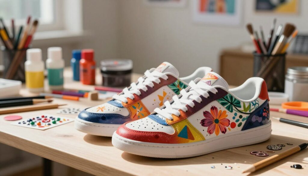 A visually striking image showcasing the latest trends in shoe personalization. In the foreground, a pair of stylish sneakers adorned with vibrant, hand-painted designs, featuring floral patterns and geometric shapes. Rich textures such as leather and canvas are evident. In the middle ground, a creative workspace filled with various customization tools: paints, stencils, and decorative elements like patches and beads. The background features a trendy urban setting with soft-focus cityscape elements, hinting at an artistic vibe. Warm, natural lighting highlights the shoes, casting gentle shadows, while a shallow depth of field draws attention to the intricate details. The overall mood is lively and inspiring, reflecting creativity and individual expression in fashion.