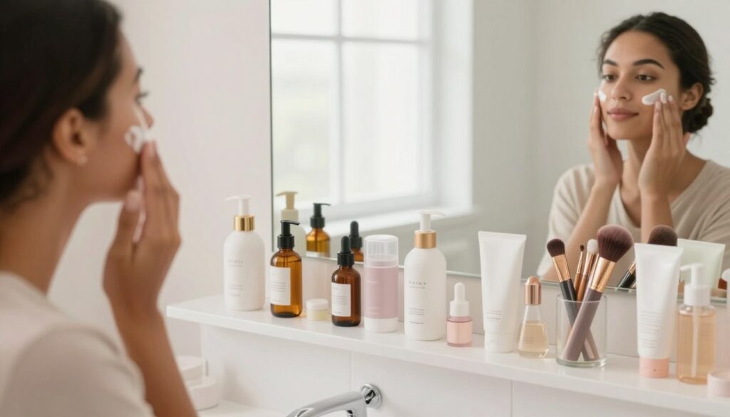 A well-lit, aesthetically pleasing bathroom vanity scene showcasing the preparation of skin for makeup application. In the foreground, a diverse woman with clear skin is applying a moisturizer to her face, focusing on creating a smooth base. The middle layer features a neatly arranged selection of skincare products, including serums, moisturizers, and makeup brushes, all elegantly displayed. In the background, a large mirror reflects soft natural light coming through a window, enhancing the fresh and inviting atmosphere. The colors are soft pastels, contributing to a serene and calm mood, emphasizing the importance of skincare as the foundation for achieving a natural and fresh makeup look.