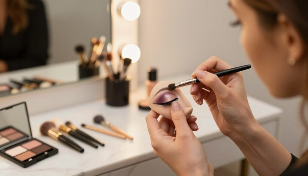 A well-lit beauty studio setting focuses on a professional makeup artist applying eye makeup to a client. In the foreground, we see a close-up of the client’s eye, showcasing meticulously applied eyeshadow in soft hues of mauve and bronze, delicately blended to create depth. The eye is accentuated with a precise winged eyeliner and voluminous eyelashes. The middle ground features elegant makeup tools, including brushes and palettes, neatly arranged on a marble counter. The background hints at a softly blurred mirror reflecting the serene ambiance, with warm golden lighting highlighting the makeup artist's skilled hands at work. The atmosphere is calm and professional, evoking a sense of luxury and expertise in eye makeup application.