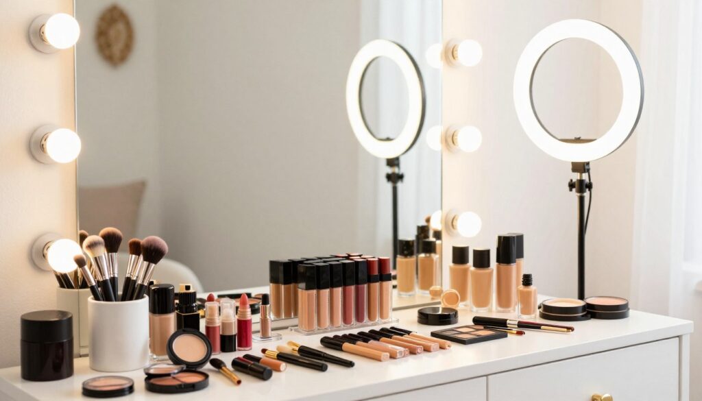 A well-lit makeup station environment showcasing essential accessories for a professional makeup application at home. In the foreground, a stylish vanity table adorned with an array of high-quality makeup products including brushes, lipsticks, and foundations, all organized neatly. In the middle ground, a large ring light provides soft, even illumination, enhancing the vibrant colors of the makeup. The background features a pristine white wall adorned with decorative elements, creating an airy and clean atmosphere. The overall mood is inviting and professional, resembling a serene beauty salon setting. The lighting is warm and natural, simulating a perfect working environment for makeup application, captured from a slightly elevated angle for a comprehensive view.