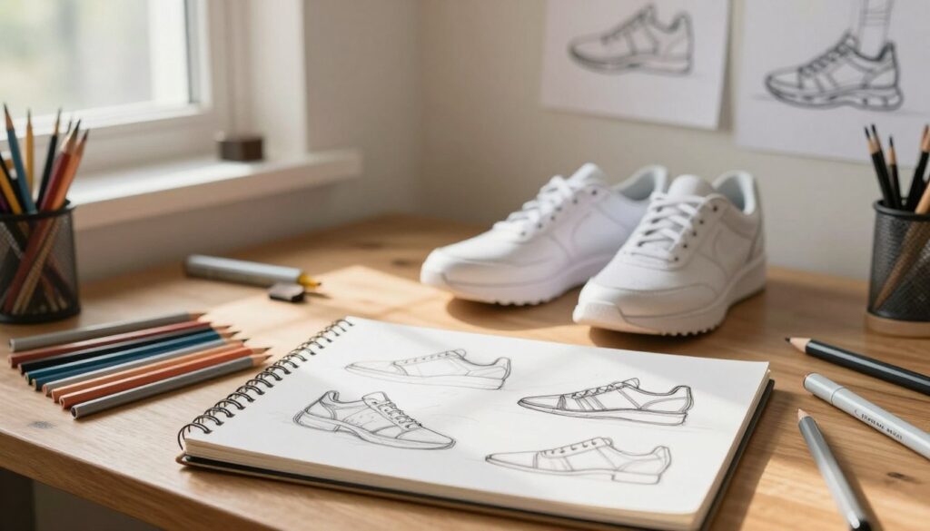 A well-organized artist's workspace for drawing shoes, featuring various art supplies laid out neatly. In the foreground, a sketchbook with rough shoe designs, alongside a set of colored pencils and markers. In the middle, a pair of stylish, partially sketched shoes placed on a wooden table, inviting the viewer to explore the process. In the background, soft natural lighting filters through a nearby window, casting gentle shadows and creating a warm atmosphere. The room is decorated with inspirational shoe sketches on the walls, hinting at creativity and a love for design. The overall mood is calm and focused, perfect for beginners eager to learn drawing techniques.