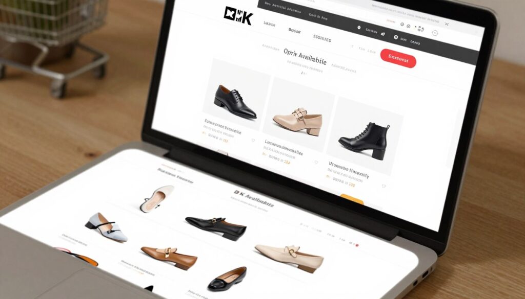 A well-organized online shopping interface showcasing a variety of DK footwear products. In the foreground, there are several pairs of stylish shoes displayed on an elegant digital platform, with clear and modern product images. The middle ground features a computer screen displaying a user-friendly website layout focused on product availability, with a clean and intuitive design. In the background, there are hints of shopping carts and digital payment options, emphasizing e-commerce. Soft, inviting lighting creates a warm and engaging atmosphere while maintaining a professional look. The angle captures a slight overhead view, giving a comprehensive perspective on the site's functionality. The overall mood reflects convenience and accessibility in online shopping.