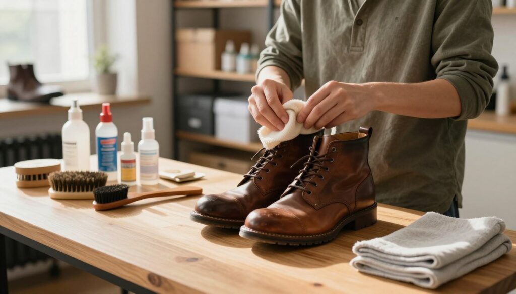 A well-organized workspace showcasing the preparation of shoes for care treatments. In the foreground, a pair of rugged leather boots are placed on a clean wooden table, surrounded by various shoe care products such as brushes, waterproof sprays, and cloths. The middle ground features a person wearing modest casual clothing, carefully applying a leather conditioner with a cloth, showing attention to detail. The background reveals a softly lit room with shelves filled with shoe boxes and care supplies, enhancing the atmosphere of a dedicated shoe maintenance area. Natural light filters in through a window, creating warm highlights and soft shadows, evoking a sense of calm and focus in the shoe preparation process. Aim for a clear depth of field to emphasize the boots and care process.