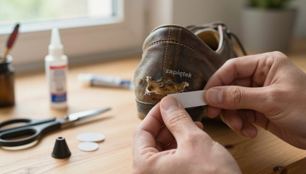 An up-close view of a worn shoe heel with a prominent focus on the damaged "zapiętek," showcasing frayed edges and discoloration. In the foreground, a pair of professional hands skillfully applying adhesive to repair the heel, emphasizing dexterity and care. The middle ground features tools for home repairs, such as a small tube of shoe glue, a pair of scissors, and replacement heel caps, all neatly arranged on a wooden workbench. In the background, soft natural light filters through a window, creating a warm and inviting atmosphere that highlights the DIY aspect of shoe repair. The overall mood is practical and encouraging, emphasizing the idea of tackling common home repairs effectively.
