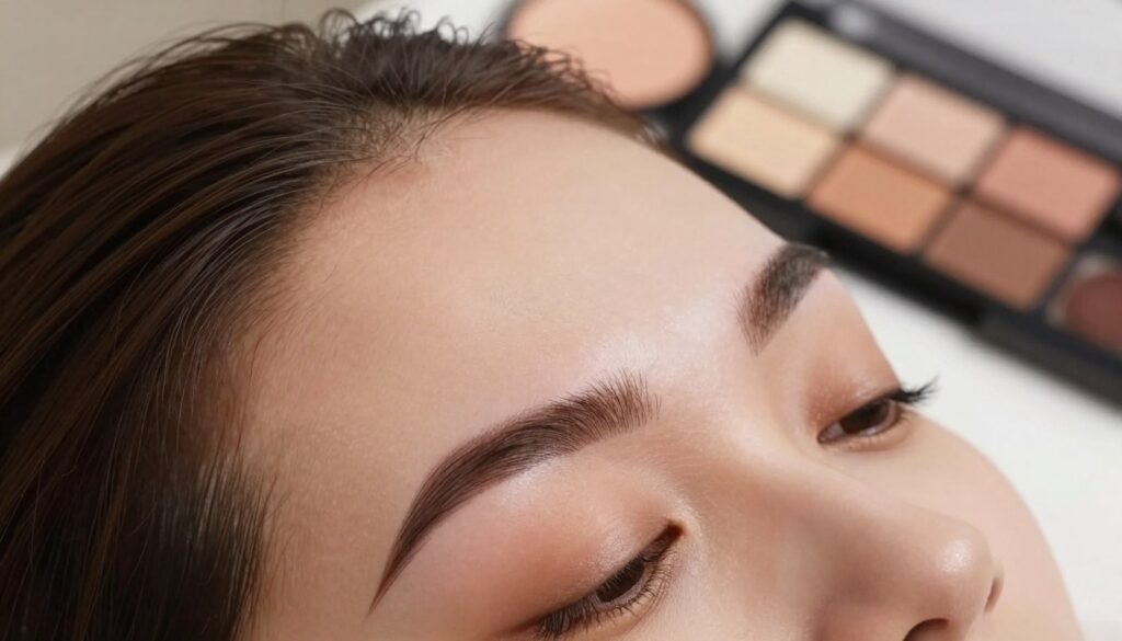 Close-up of perfectly groomed eyebrows showcasing a professional makeup style. The eyebrows should be well-defined, with an elegant arch, filled in with a subtle yet rich shade to emphasize their natural shape. The foreground focuses on the eyebrows, while the middle ground features a soft gradient of earth-tone makeup palettes and tools, suggesting a beauty routine. The background is blurred to enhance the focus on the eyebrows, with warm, natural lighting that casts a soft glow on the skin. The overall mood is sophisticated and aesthetic, conveying the essence of a polished makeup look. Capture the details of hair texture and the sheen of brow products, ensuring a clean, professional appearance.