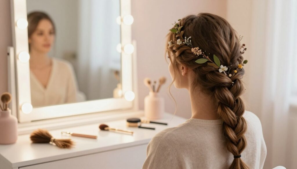 Create an image showcasing a fashionably styled long hair look without heat styling techniques. In the foreground, feature a woman with beautifully braided hair, adorned with natural elements like small flowers or leaves for a fresh, effortless vibe. The middle ground should display a softly illuminated vanity mirror with hair accessories artistically scattered around, emphasizing the theme of natural styling. In the background, include a cozy, sunlit room with soft pastel colors that enhance the relaxing atmosphere. Use warm, diffused lighting to create a serene mood, and capture the scene from an angled perspective to draw attention to the hairstyles. Ensure the woman is dressed in a comfortable yet elegant outfit, reflecting a casual everyday style.