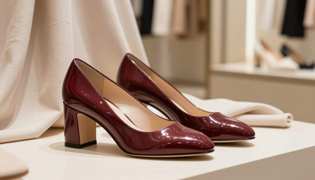 Stylish women's block-heeled pumps displayed elegantly on a minimalist surface. The foreground features the shoes in a prominent spotlight, showcasing their sleek design, with a shiny patent leather finish in a deep burgundy color. The middle section includes soft fabrics draping gently, subtly hinting at luxury and sophistication. In the background, a softly blurred boutique environment with neutral tones creates an inviting atmosphere, filled with charm and elegance. The lighting is bright yet warm, highlighting the texture and details of the shoes, while casting delicate shadows. The composition focuses tightly on the footwear, evoking a sense of refined fashion and quality craftsmanship, in line with the elegance associated with the brand.